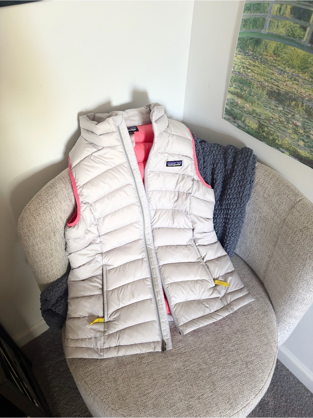 Patagonia gray exterior vest with bright pink lining